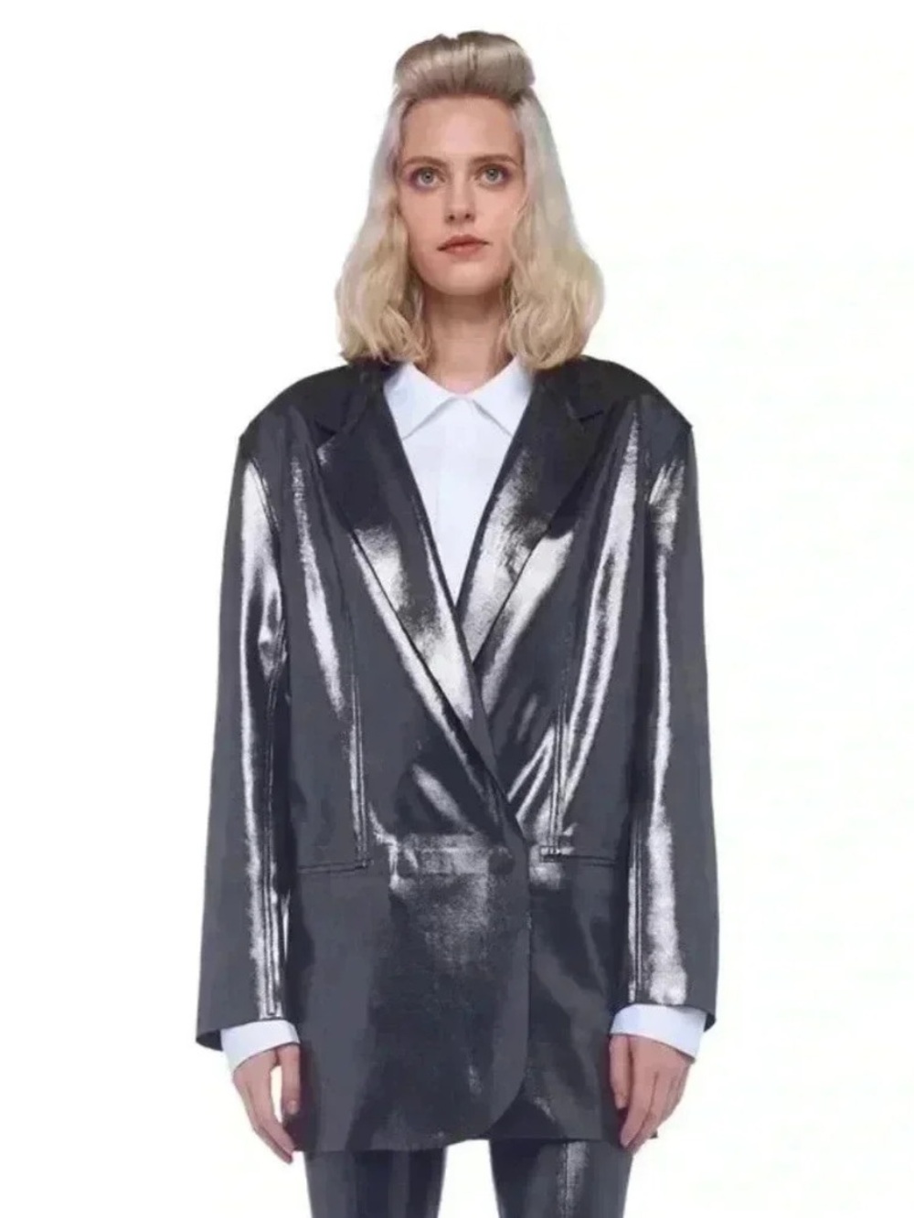 Norma Kamali Oversized Double Breasted Jacket in Metallic Gunmetal Size XS